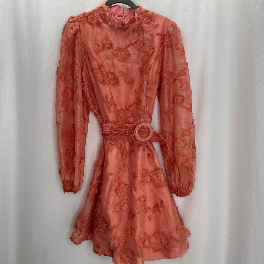 Beulah coral mini dress embroidered coquette long sleeve wedding guest